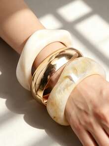GNIT 3pcs/1pc Y2k Exaggerated Asymmetrical Resin Semi-Transparent Bracelet Set For Women, Versatile - Timi + Twisted Rice + Golden Wide Round - View 4