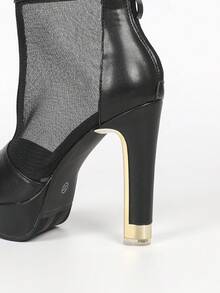 Black Chunky Heel Mesh Back Zipper Women's Sandals~Fashion High Heel Platform Peep Toe Plus Size Sandals For Women - Black - View 9