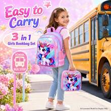 3pcs/Set Girls Cartoon Unicorn Floral Blue Wings Adjustable Shoulder Strap Zipper Closure Cute Style Backpack Set, Suitable For Back To School And Daily Outings - Pink - View 2