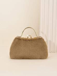 LJDCRFT Women's Fuzzy Evening Clutch, Pearl And Rhinestone Decorated Handbag With Metal Top Handle, Suitable For Parties, Weddings, Balls, And Other Occasions - Camel - View 5