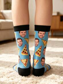 1 Pair Unisex Customized Face & Pizza Pattern Blue Elastic Fabric Comfortable Novelty Ankle Socks, Suitable As Birthday Gift/Casual Daily Wear - Multicolor - View 3