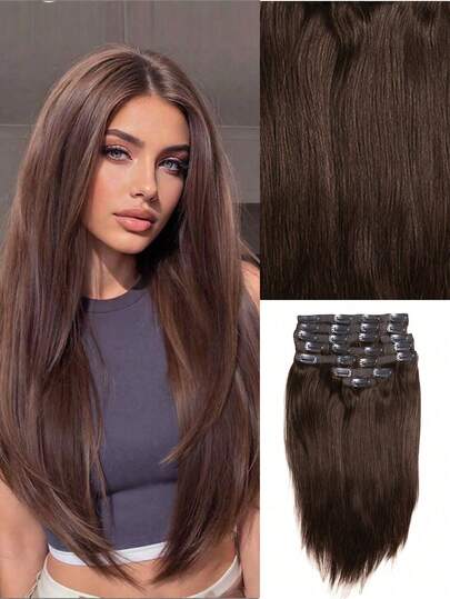 OQ Hair Brown Color 10pcs/Pack Virgin Silky Straight Human Hair 14-16 Inch No Shedding Simple & For Beginners Easy Wear Clip On Hair Extensions Human Hair Comfortable For Students Daily Outfits Travel