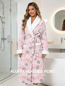 Neue lange warme Damen-Bademantel, weicher warmer bedruckter Samt-Bademantel, Herbst/Winter verdickter Stil, Damen lässiger Strick-Bademantel in Knie-Länge mit Bindegürtel und Taschen, Haus-Bademantel, Halloween-Kostüm, Weihnachtsgeschenk - A - Übersicht 2