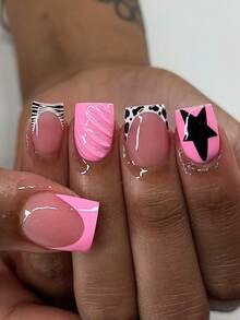 24pcs Y2K Short Square 3D Gel Leopard Print Pink French Style Press-On Nails, Including Zebra, Cow Print And Star Patterns, Perfect Fit False Nail Set, Includes 1pc Jelly Glue And 1pc Nail File, Suitable For Women And Girls Daily And Party Use - Multicolor - View 1