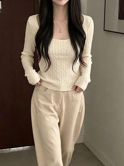 YCYC Autumn/Winter Minimalist Chic Solid Color Long Sleeve Pullover Top