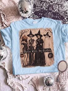 Halloween Girl Gang, Girls Being Girls, Retro Witch Headdress, Ghost Skull, Pumpkin - Blue - View 4