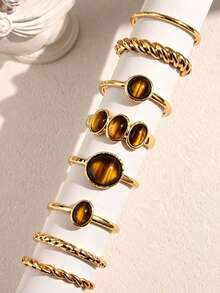 8pcs/Set Vintage Rugged Tiger Eye Stone Rings, Minimalist Design, Suitable For Party, Gift For Friends And Family, Daily Wear - Yellow Gold - View 4