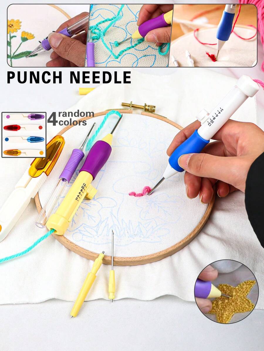 1 Set DIY Punch Needle Embroidery Tool Kit, Includes 1 Fixed Length Punch Needle, 1 Interchangeable Needle Head Punch Needle And 1 Random Color Scissors With Cover - A - View 1