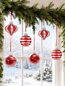 10/9/1pc Red Christmas Ball Ornament Set With Merry Christmas Ribbon, Transparent Glitter Swirl Onion Ball And Confetti Design, Suitable For Holiday Tree, Wreath, Garland, Gift Wrapping, Fireplace Mantel Display, Party Home Decor, Adult Style - Multicolor - View 3