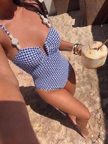 Bikinx Dam V-ringad baddräkt med bygel, texturerat tyg, dekorerad med pärlade spaghettiband, lämplig för strandsemester - Multifärgad - Visa 4