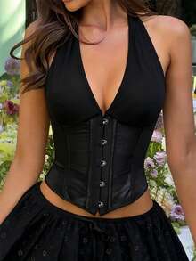 Yuwenier Elegant Black Halter Corset Top Satin Mesh Splice Deep V Button Front Tie Back Shapewear Bustier For Christmas Halloween Clothes - Black - View 3