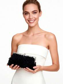 Dedoo Women's Evening Clutch Bag, Rectangular Hard Frame, 3D Petal Floral Pattern, Rhinestone Trim, Elegant Gothic Glamour Style, Suitable For Cocktail Parties, Banquets, Balls - Black - View 3