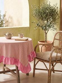 1pc White Base Red Striped Pink Ruffle Edge Tablecloth, Fresh Natural Style Fabric Rectangular Pink Ruffle Edge Patchwork Detail Decorative Functional Dining Tablecloth Suitable For Daily Home Dining And Fresh Home Decor Scenes - Red - View 4