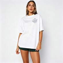 Women's Tee, White Oversized T-Shirt, Short Sleeve Crew Neck, Casual Summer Streetwear, Vintage Nautical Print - White - View 3