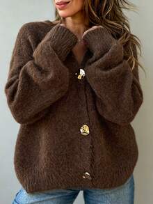 Cozy Women's Casual Retro Solid Color Single-Breasted Metal Button V-Neck Knit Cardigan Longe SLeeve Drop Shoulder Sweater For Fall And Winter - Brown - View 1