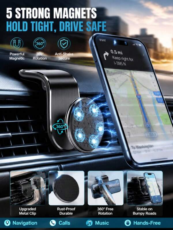 1pc Universal Upgraded Magnetic Multi-Function Car Air Vent Phone Holder, 5 Strong Magnets, 360° Free Rotation, Durable Anti-Rust Anti-Shake, Suitable For Navigation And Calls, Ideal For Labor Day, Back To School, College, Road Trips, Halloween