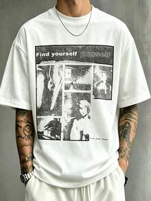 Kaos Lengan Pendek Pria Motif Kolase Panel Komik Vintage Amerika, Potongan Longgar dengan Efek Usang dan Bahu Jatuh Ukuran Besar - Putih - View 3