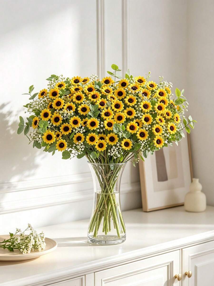 30pcs Mini Artificial Sunflowers, Fake Plants, Perfect For Weddings, Rooms, Home, Hotels, Parties, Events, New Year Gifts, Handheld Bouquets, Valentin - Yellow - View 1