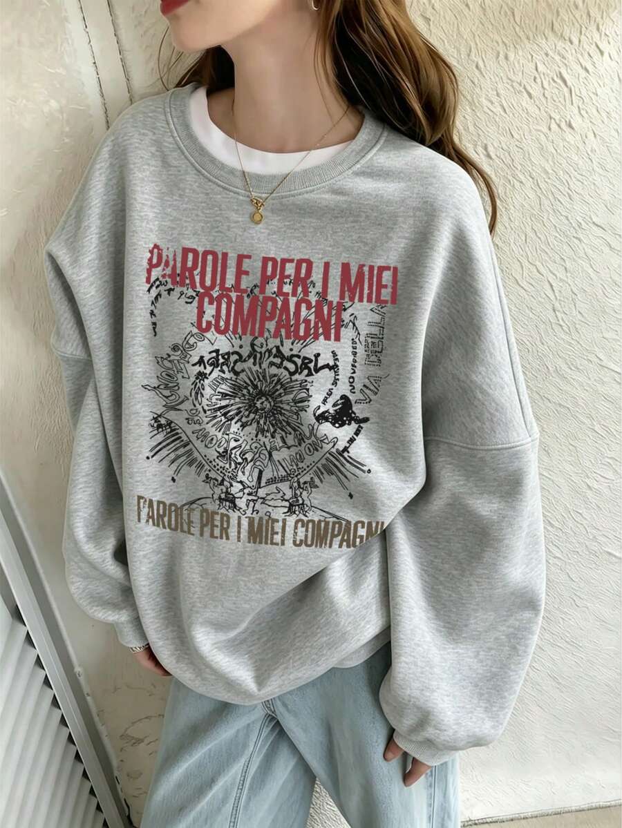 Women's Crew Neck Sweatshirt, Autumn/Winter New Graphic Pattern & Letter Print, Casual Versatile Loose Fit Top, Fashionable Everyday Wear - Dark Gray - View 1