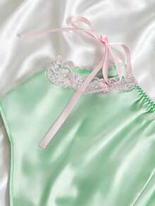 2pcs Women's Pajama Set, Adjustable Strap Deep V-Neck Top With Bow Decor, Lace Hollow Design Waist Shorts, Comfortable Loungewear - Green - View 4