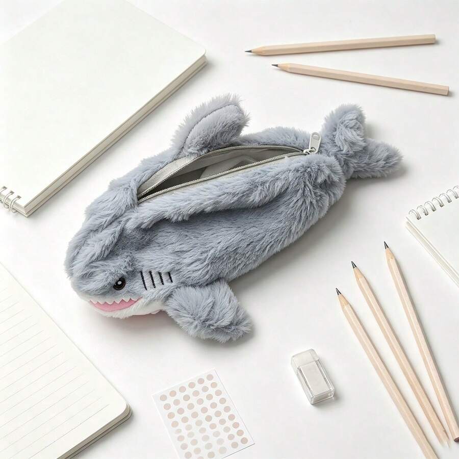 1/3pcs Exquisite Soft Large Capacity Zipper Pencil Case, Multi-Functional Stationery Storage Bag, Student Style Organizer Bag Suitable For Teenagers, School, Office, Travel Gift - Shark - View 1