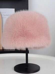 1PC Solid Color Elegant Casual Polyester Faux Fox Fur Round Top Flat Top Bucket Hat For Women, Warm, Versatile, Face-Slimming, Winter - Multicolor - View 11