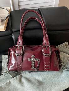 Shoulder Bag With Rivet Decor, Detachable Strap And Zipper Closure, Cool Style Underarm Bag, Women's Bag, Unique Niche Design, Suitable For Daily Outings, Dates, Commuting And Casual Crossbody Wear - Burgundy - View 5