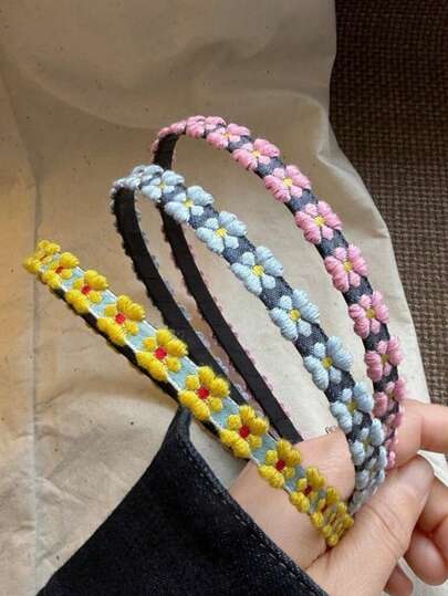 3pcs/1pc Women's Pink Yellow Blue Embroidered Floral Headband, Fashionable Versatile Premium Minimalist Style Hairband, Suitable For Daily Wear, Outings, Commuting, Party, Casual, Beach Vacation, Face Washing, Makeup, Outfit Matching, Hair Accessories