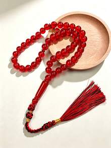 Muslim Prayer Beads Tasbih, Transparent Red Glossy Beads With Tassel, Handmade Islamic Religious Item Misbaha Decoration, Suitable As A Gift - Multicolor - View 2