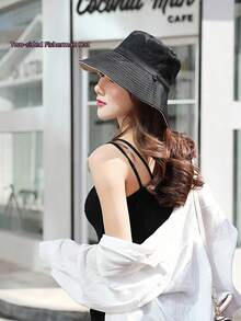 Reversible Black & Purple Wide Brim Bucket Hat For Women, Foldable Windproof Rope Sun Hat, UV Protection Wide Brim Sun Hat For Outdoor, Vacation, Beach, Travel - A - View 10