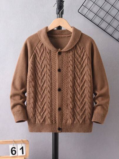 Boys' Vintage Turn-Down Collar Single-Breasted Long Sleeve Cable Knit Cardigan Jacket, Preppy Casual Versatile Style For Daily Wear, Campus, Spring, Autumn, Winter