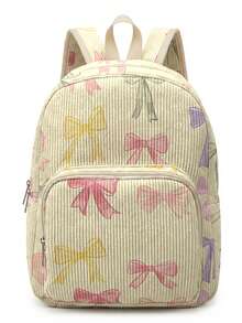 1 Piece Backpack, Women's Mini Backpack, Corduroy Girl School Bag, Travel Storage Bag, Bow Printed Design, Large‑Capacity Foldable Easy‑To‑Store Bag, Lightweight & Pressure‑Relieving, Multi‑Pocket Layered Design With Zipper Closure - Bow 22471 - View 5