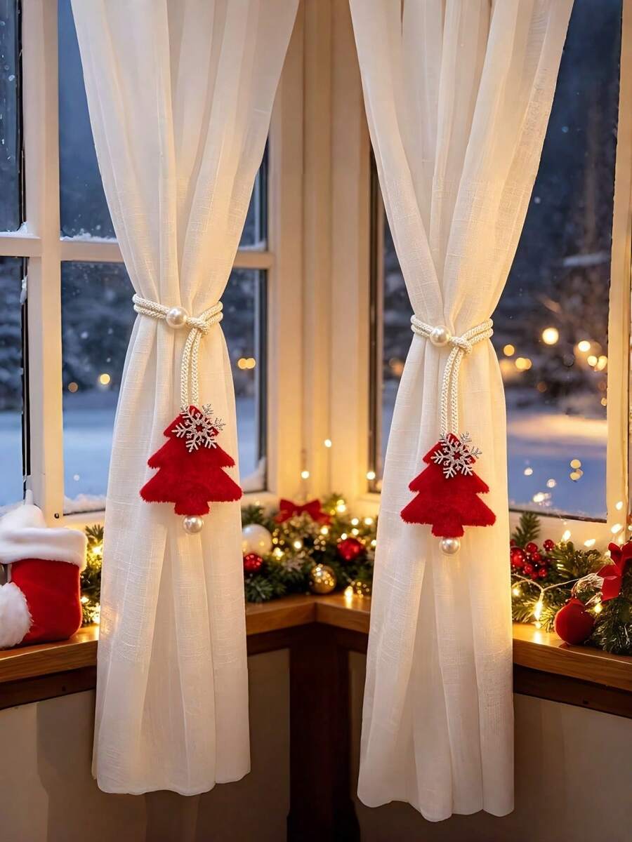 Pengikat Tirai Motif Pohon Natal dan Kepingan Salju, Set 2 Buah, Tali Pengikat Tirai Penyimpanan Praktis, Tali Pengikat Tetap Universal untuk Tirai Tipis dan Kain, Dekorasi Suasana Jendela Rumah Liburan Natal, Aksesoris Dekorasi Hadiah Liburan - C-Beraneka Warna - View 1