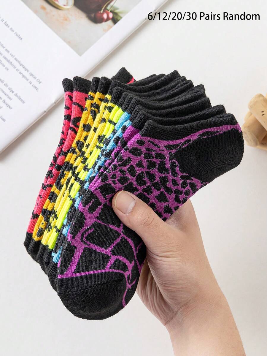 6/12/20/30 Pairs Women's Random Color Leopard Print Low-Cut Cute Short Socks, Fashionable Versatile, Minimalist Comfortable, Soft Breathable, Suitable For Daily Wear - Multicolor - View 1