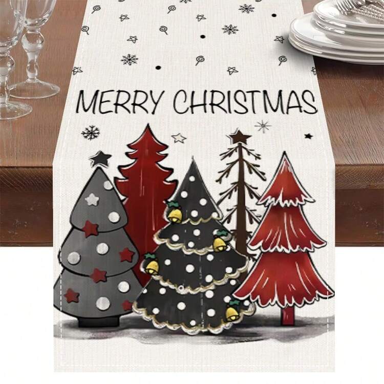 1pc Merry Christmas Table Runner, Christmas Tree Print Linen Texture Tablecloth, Holiday Decor Table Cloth, Suitable For Dining Table, Home Party Decoration - Multicolor - View 7