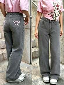 Celana Jeans Longgar Kasual Nyaman untuk Remaja Perempuan dengan Bordir Pita, Potongan Lurus dan Lebar - Grey - View 2