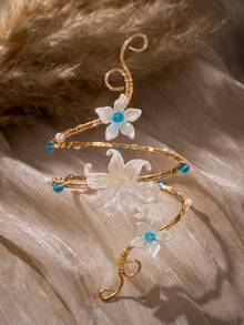 Ethereal Floral Spiral Arm Cuff, Fairy-Style Gold Flower Women's Arm Accessory, Aesthetic Jewelry - Blue Gold - View 3