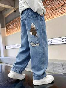 Celana Jeans Denim Lurus Bergambar Kartun Bordir untuk Balita - Biru - View 1