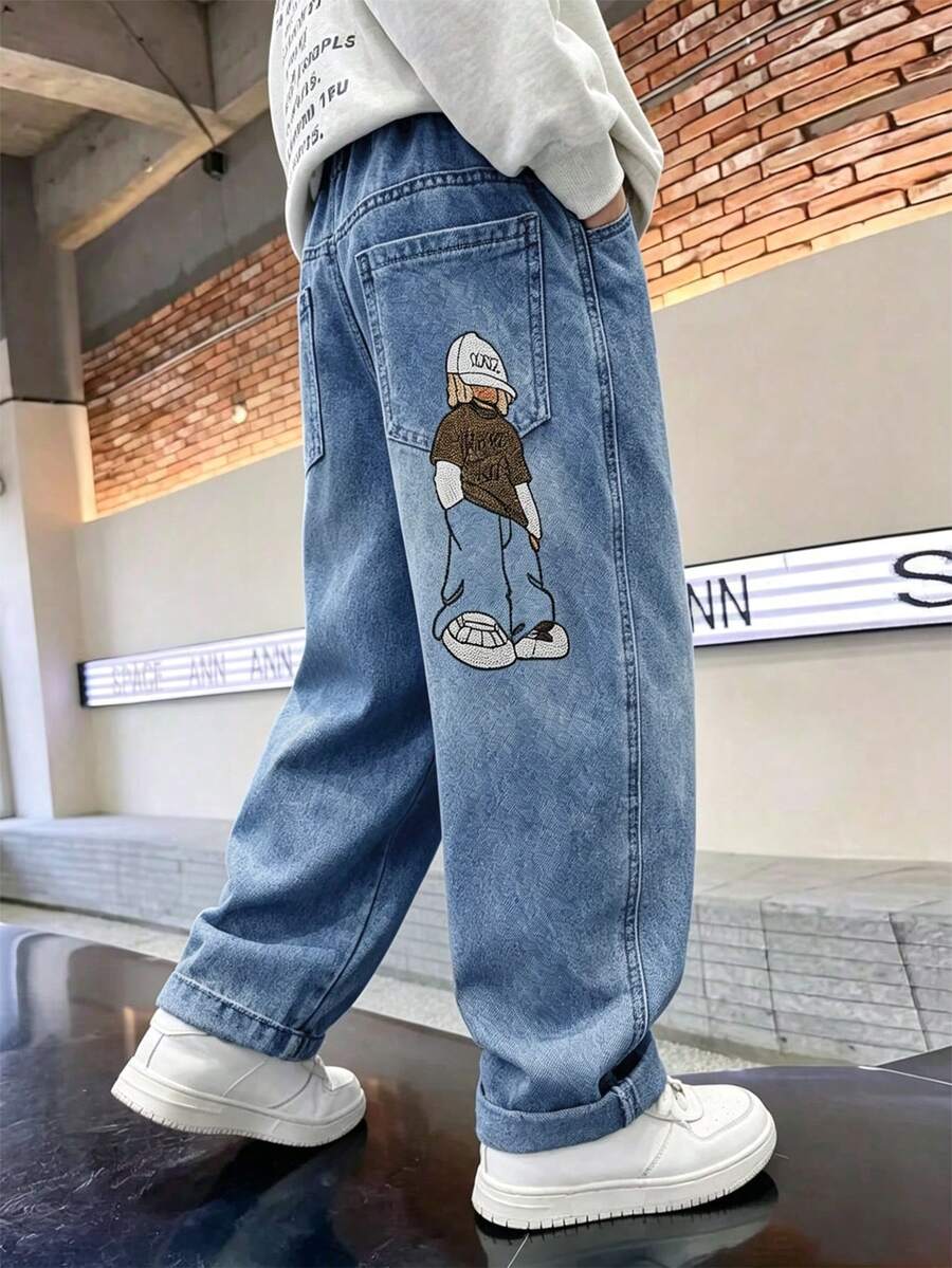 Celana Jeans Denim Lurus Bergambar Kartun Bordir untuk Balita - Biru - View 1
