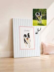1Pc Customized Pet Portrait Canvas Wall Art, Ready‑To‑Hang Framed Canvas Print With Stripe Background, Custom Photo And Text Customization Service, Canvas Material Art Decor, For Bedroom Living Room Entryway Wall Display, Pet Lover Home Decor Gift - Multicolor - View 3