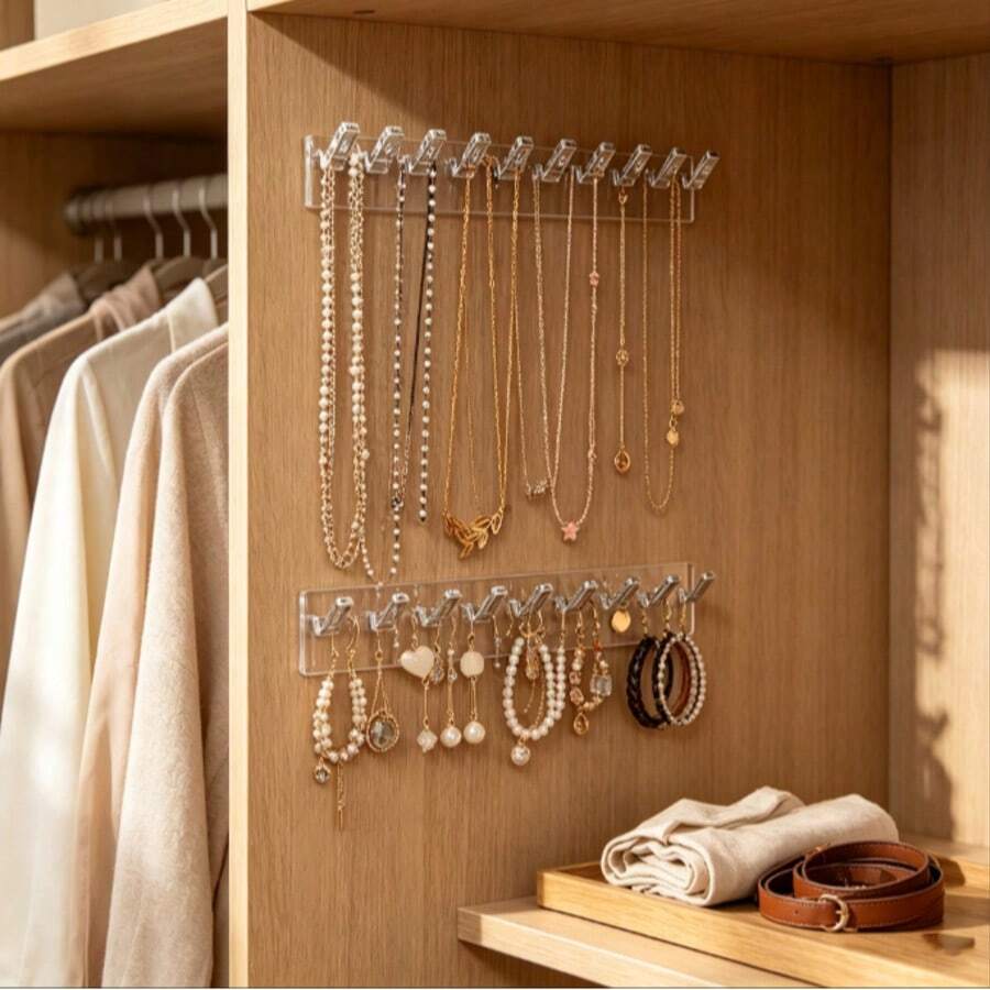3pcs 8-Hook Jewelry Stand 3 Piecesset, Wall-Mounted Jewelry Display And Storage Rack, Belt Storage Rack, Necklace And Bracelet Storage Rack, Hanging Storage And Display Rack, University Essentials, Wardrobe Organise, Autumn Home Decor, Room Decor - Multicolor - View 1