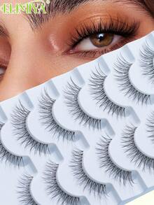 7 Pairs Natural Long Cat Eye False Eyelashes, Flared Tail 3D Voluminous Faux Lashes - Black - View 1