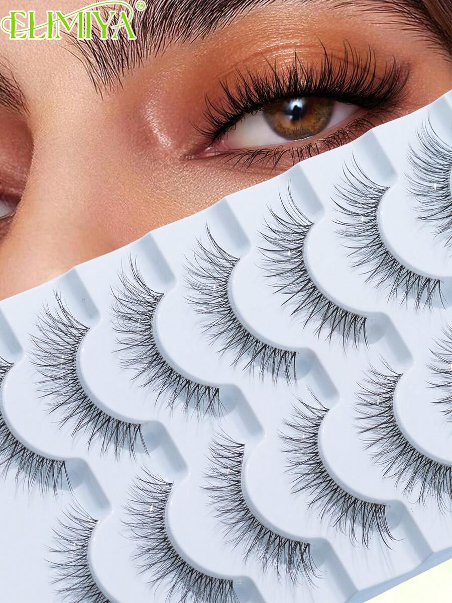 7 Pairs Natural Long Cat Eye False Eyelashes, Flared Tail 3D Voluminous Faux Lashes - Black - View 1
