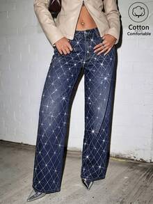 Women's Dark Blue High Waist Diamond Rhinestone Straight Leg Jeans, Plaid Rhinestone Design, Commute Party Casual Straight Leg Pants - Dark Wash - View 4
