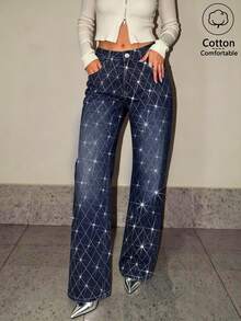 Women's Dark Blue High Waist Diamond Rhinestone Straight Leg Jeans, Plaid Rhinestone Design, Commute Party Casual Straight Leg Pants - Dark Wash - View 1