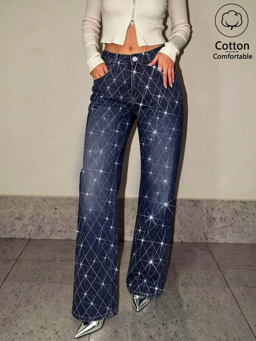 Women's Dark Blue High Waist Diamond Rhinestone Straight Leg Jeans, Plaid Rhinestone Design, Commute Party Casual Straight Leg Pants - Dark Wash - View 1