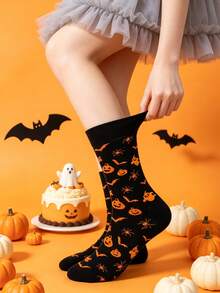 1 Pair Women's Multi-Color Small Bat & Pumpkin Element Soft Comfortable Cute Quirky Fashion Halloween Mid-Calf Socks - Multicolor - View 2