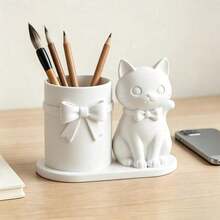1pc Cute Cat Desktop Storage Holder, Pink Bowtie Cat Shaped Pen Holder, Desk Decor And Stationery Organizer - Cat With Bow - View 3