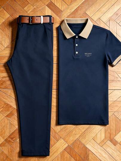 Men's Two-Piece Set, Men's Polo Shirt Set,Polo Shirt And Men's Dress Pants,Casual Style,Suitable For Business Occasions,Holiday Gifts, Men,No Belt