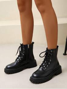 Women's Fashion Combat Boots, Round Toe Lace-Up Side Zipper Ankle Boots, Multi-Functional Outdoor Non-Slip Shoes, Western Style Lace-Up Metal Eyelets Side Zipper - Black - View 5